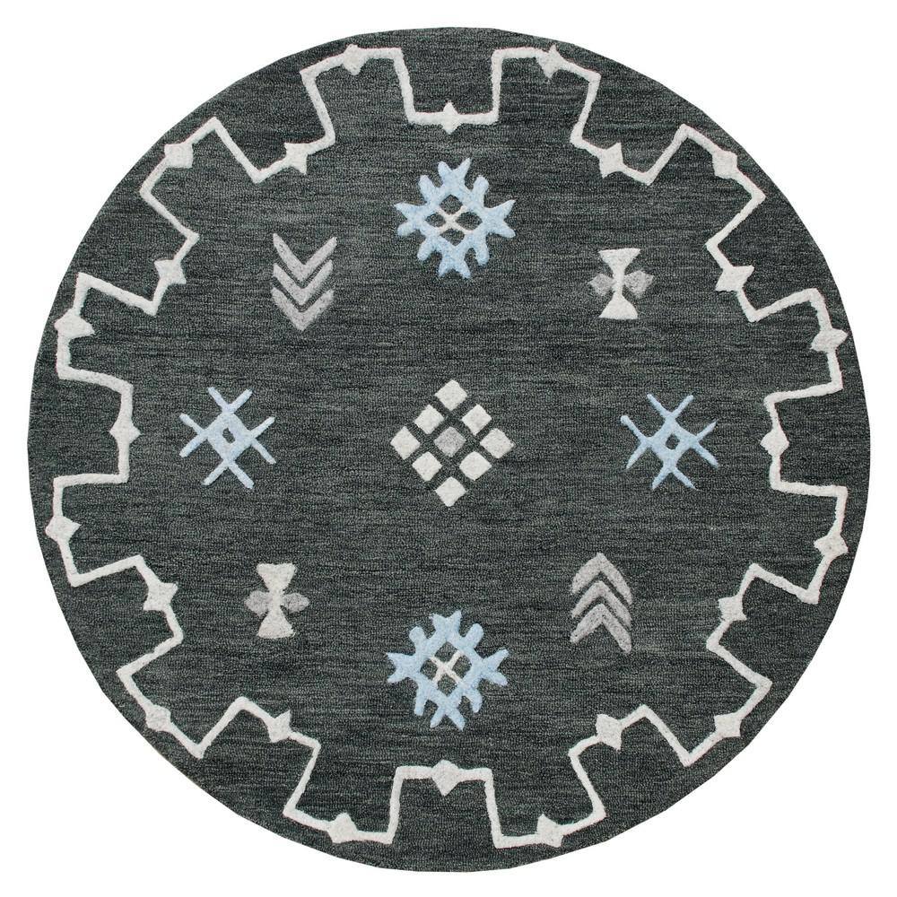 Lr Home Hand Hooked Gray Geometric Bordered Round Rug 
