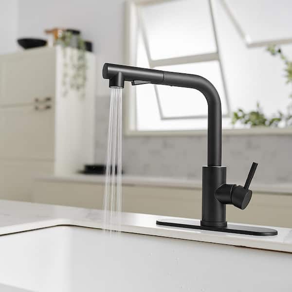 Single Handle Deck Mount Pull-Out Sprayer Standard Kitchen Faucet in Matte Black