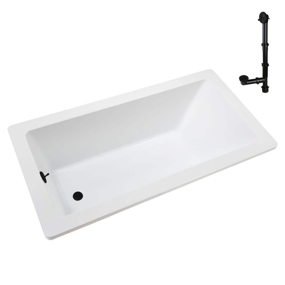 66" x 34" Glossy White Acrylic Soaking Drop-In Bathtub with Matte Black Trim