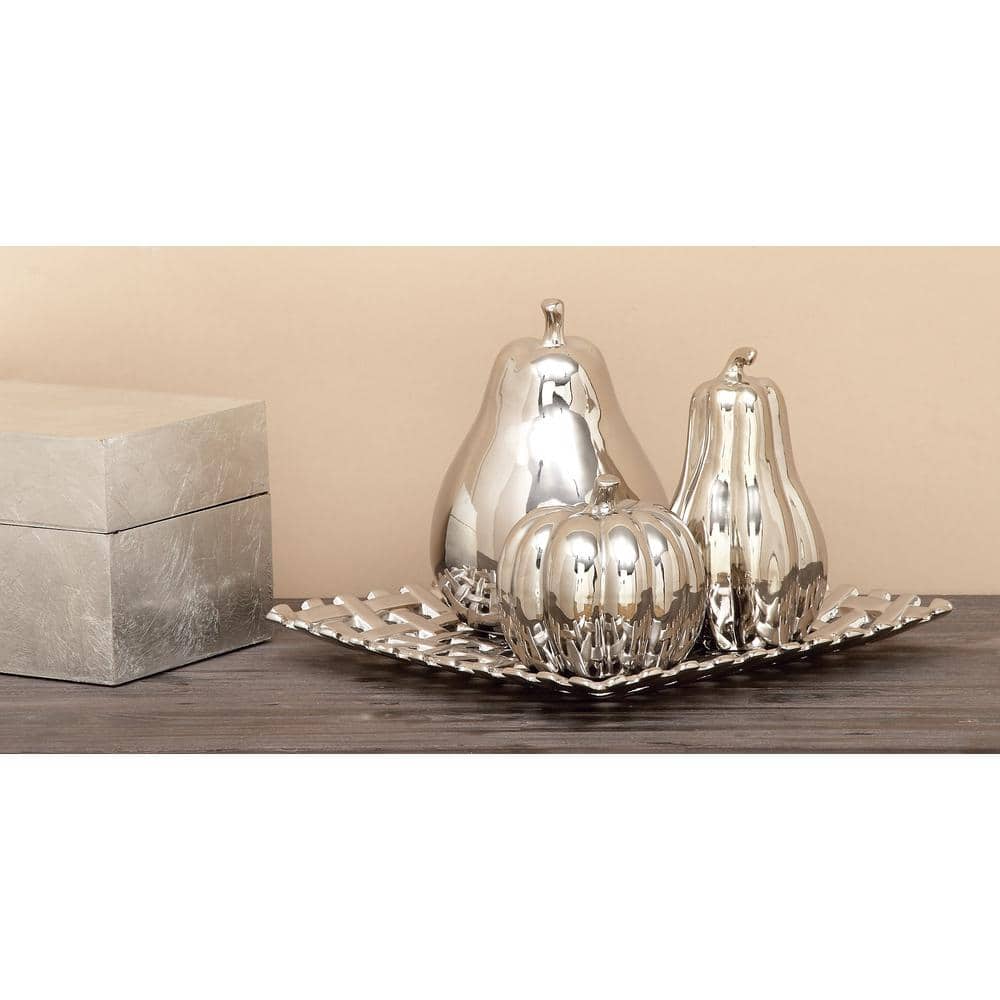 Silver Ceramic Fall Fruit Sculpture Set with Decorative Grid Plate