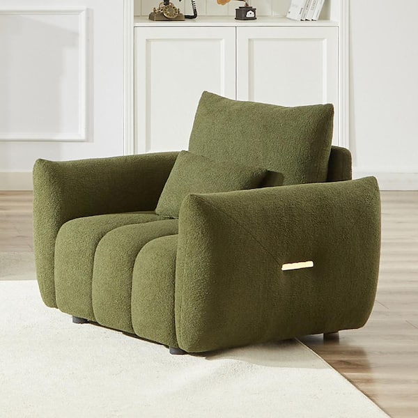 Unbranded Modern Wood Outdoor Lounge Chair Teddy Fabric Sofa with Green Cushions for Apartment Office Living Room Bedroom er 79