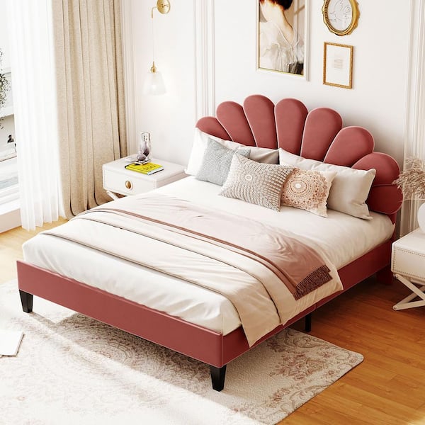 Bean Paste Red Wood Frame Queen Upholstered Platform Bed with Flower Pattern Velvet Headboard