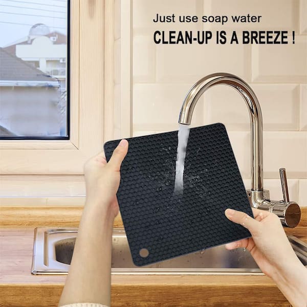 Silicone Trivet Mats with Heat Resistant for Kitchen Potholders, Hot Dishes, Jar Opener, Spoon Holder, Black (4-Pack)