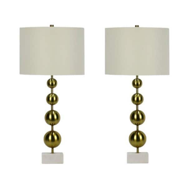 Pair of 29.5 in. Soft Gold Metal and Marble Column Table Lamps with Designer Shades