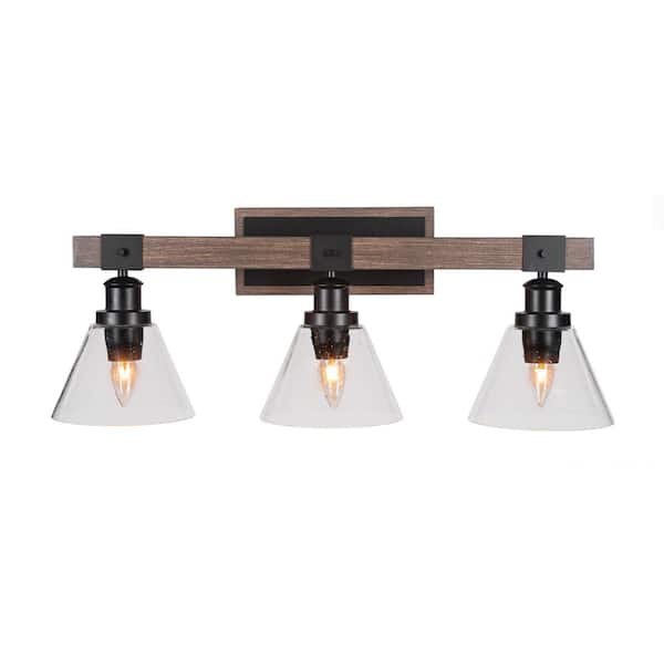 Unbranded Richmond 25.25 in. 3 Light Vanity Light Matte Black and Painted Woodlook Metal with 7 in. Clear Bubble no bulbs included