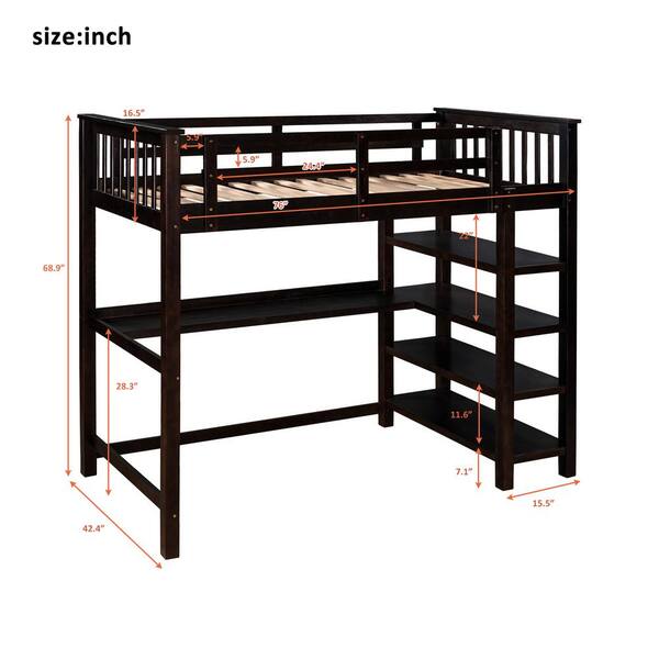 Qualfurn Espresso Rubber Wooden Twin, Twin Size Loft Bed With Desk And Storage