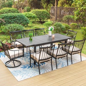 9-Piece Metal Patio Outdoor Dining Set with Extensible Table and Swivel Chairs with Beige Cushion