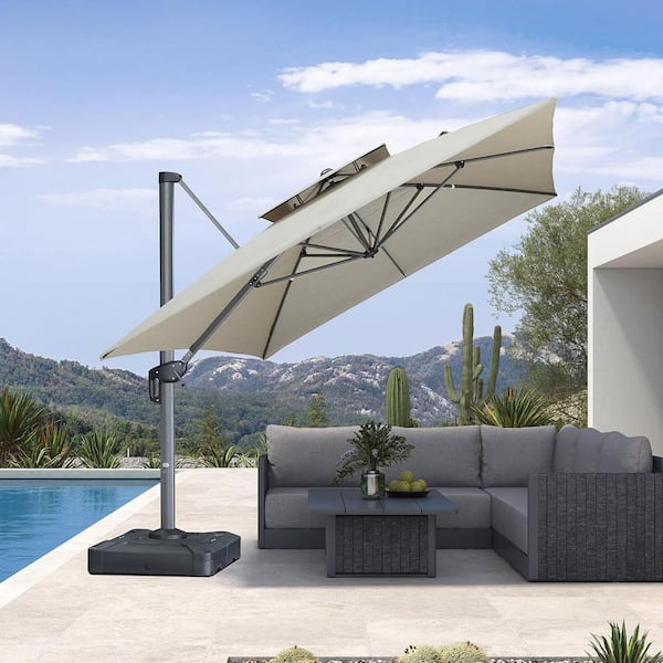 PURPLE LEAF 10 ft. x 13 ft. Sunbrella Double Top Outdoor Aluminum 360° Rotation Cantilever Patio Umbrella in Cast Ash