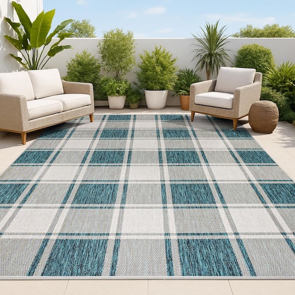 JONATHAN Y Sabine Traditional Farmhouse Bold Gingham Turquoise/Cream 8 ft. x 10 ft. Indoor/Outdoor Area Rug