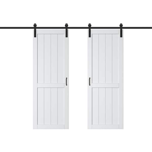 60 in. x 84 in. (Two 30 in. Slabs) H Style MDF White Primed Sliding Barn Door Slab and Hardware Kit and Soft Close