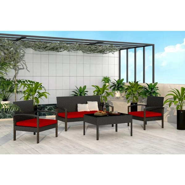 Wateday Outdoor 4-Piece Wicker Patio Conversation Set with Red Cushions