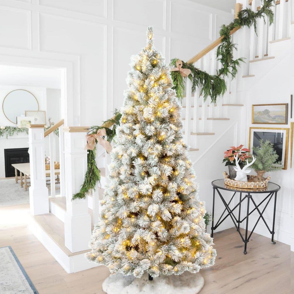 7.5ft Pre-Lit Snow Flocked Spruce Christmas Tree with Warm White Lights