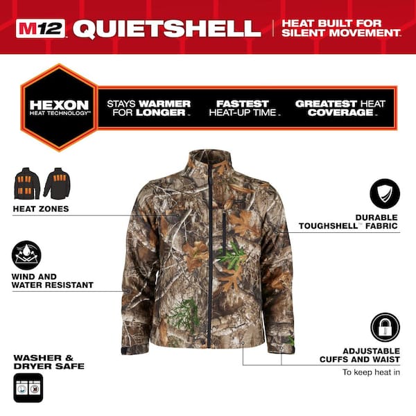 Men's Small M12 12V Lithium-Ion Cordless QUIETSHELL Camo Heated Jacket with (1) 3.0 Ah Battery and Charger