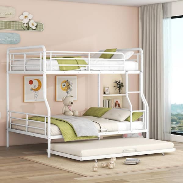 Polibi Full XL over Queen Metal Bunk Bed with Twin Size Trundle, White