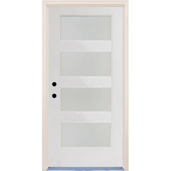 Builders Choice 36 in.x80 in. Elite Righthand 4Lite Satin Etch Glass Contemporary Unfinished Fiberglass Prehung Front Door w/ Brickmould