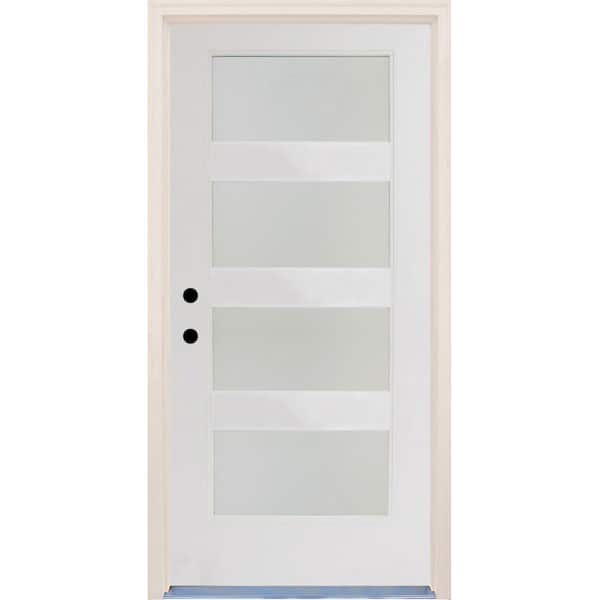 Builders Choice 36 in. x 80 in. Elite Right-Hand 4 Lite Satin Etch Contemporary Unfinished Fiberglass Prehung Front Door with Brickmould
