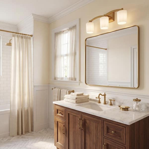 Whitney 24 in. 3-Light Warm Brass Vanity Light with Fluted Opal Etched Glass Shades