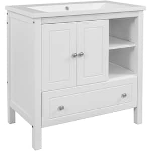 30 in. W x 18 in. D x 32.1 in. H Single Sink Freestanding Solid Wood Bath Vanity in White with White Ceramic Top