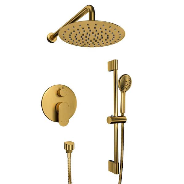 Unbranded Retro Series 3-Spray Patterns with 1.8 GPM 9 in. Rain Wall Mount Dual Shower Heads with Handheld in Brushed Gold