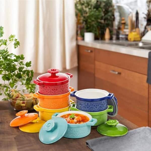 Set of 6 Mini Cocotte with Lid, 8 Oz Ceramic Ramekins, Small Casserole Dishes for Baking, Soup, Oven Safe, 6 Colors