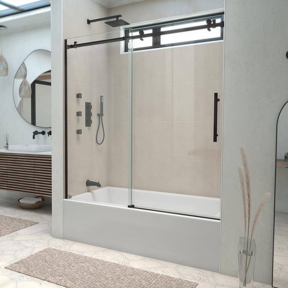 DreamLine Enigma Air 60 in. W x 62 in. H Sliding Frameless Tub Door in Matte Black Finish with ...