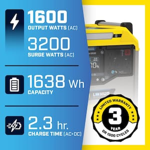 1638-Wh Power Station 3200/1600-Watt Portable Lithium-Ion Battery Solar Generator