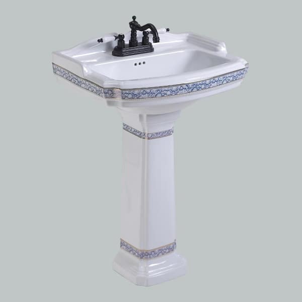 India Reserve 22-7/8 in. Pedestal Combo Bathroom Sink in White Vessel Sink Basin with Blue and Gold Design Overflow