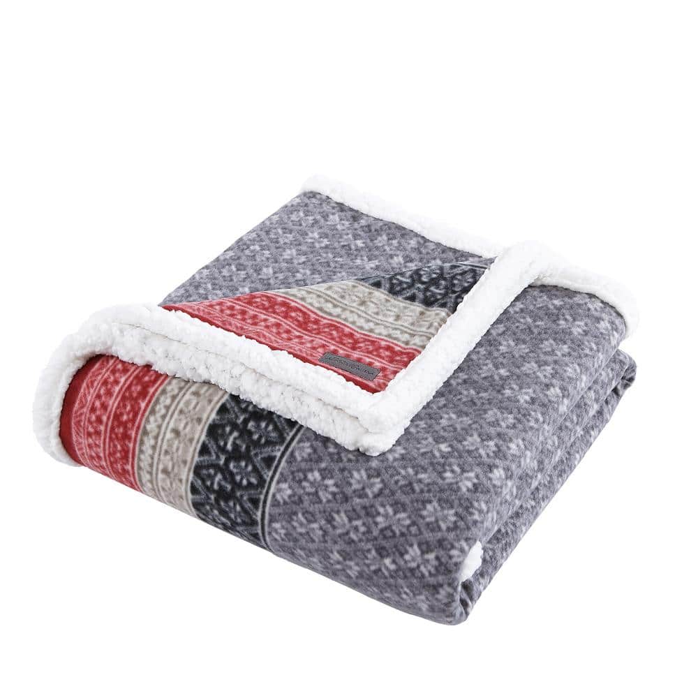 EDDIE BAUER Fair Isle Silver Ikat Sherpa Reverse Throw Blanket 201343