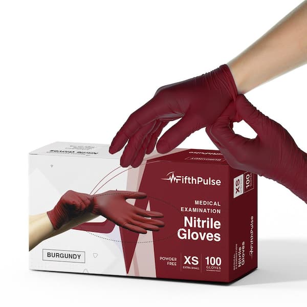 FifthPulse Extra Small Nitrile Exam Latex Free and Powder Free Gloves in Burgundy - (Box of 100)