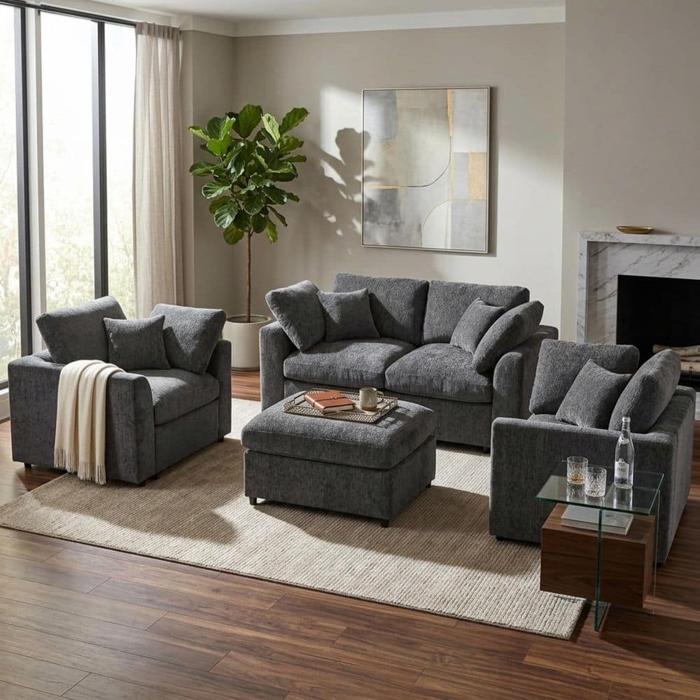 Modern 72.8 in. Chenille Upholstered Rectangle 4-Seater Sectional Sofa Set in Grey with Ottoman and Pillows price history on PriceWatchPro