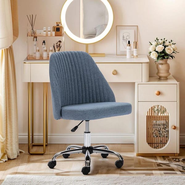 Chic Channel Tufted Back Fabric Vanity Swivel Task Chair Office Desk Chair in Blue with Armless for Home, Make-up