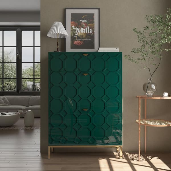 Clihome 46.5 in.H x 31.5 in.W Green Shoe Storage Cabinet with Drawers and Golden Handle