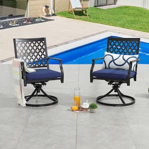 Swivel Metal Outdoor Lounge Chair with Blue Cushions