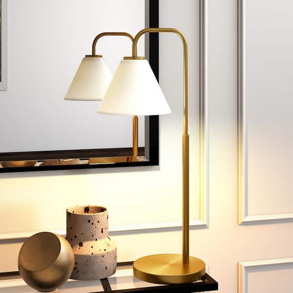 Henderson 27 in. Brass Arc Table Lamp with White Milk Glass Shade