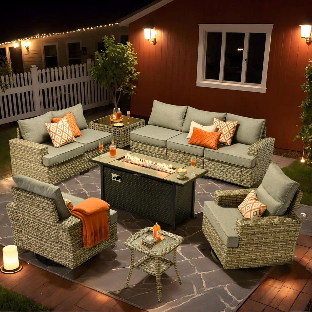 Tiberty Gray 10-Piece Wicker Patio 54 in. Rectangle Fire Pit Conversation Set with Dark Gray Cushions and Swivel Chairs price history on PriceWatchPro