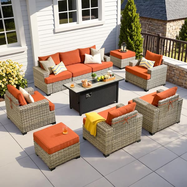HOOOWOOO Kelleys 10-Piece Wicker Modern Outdoor Patio Conversation Sofa Seating Set with a Metal Fire Pit and Orange Red Cushions
