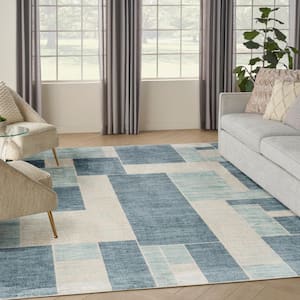 Astra Machine Washable Blue Ivory 9 ft. x 12 ft. Geometric Contemporary Area Rug