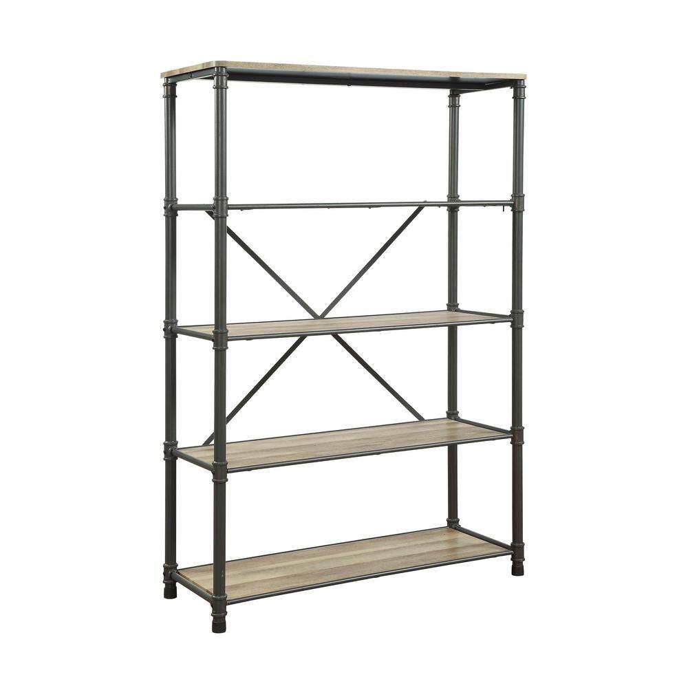 Itzel Antique Oak & Sandy Gray 4-Tier Bookshelf with Metal Frame