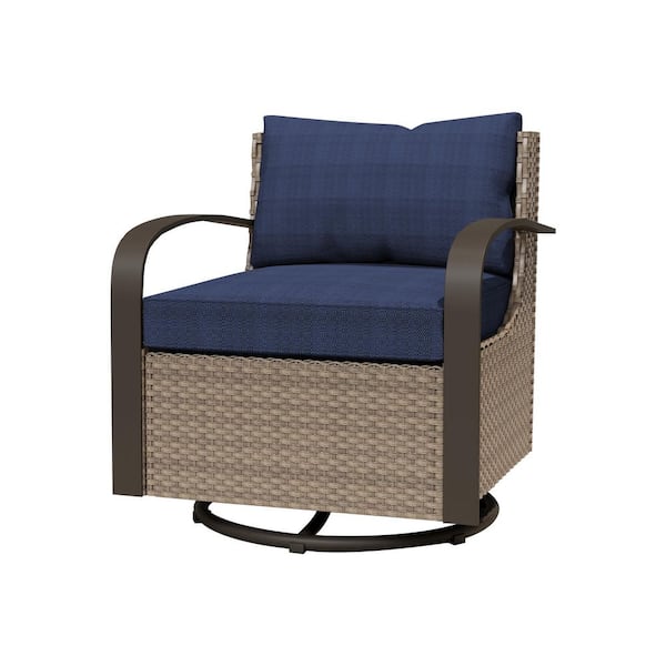 Outdoor Patio Wicker Lounge Chair Swivel Rocking Chair with Blue Cushions