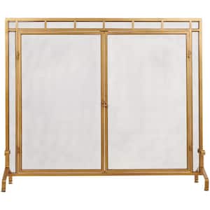 Gold Metal Geometric Single-Panel Fireplace Screen with Latched Doors and Arched Feet
