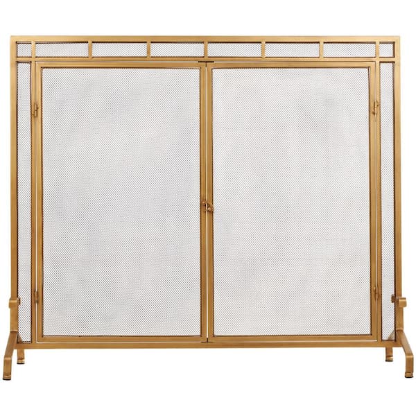 Litton Lane Gold Metal Geometric Single-Panel Fireplace Screen with Latched Doors and Arched Feet