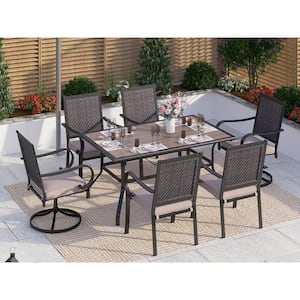 Black 7-Piece Metal Patio Outdoor Dining Set with Wood-Look Umbrella Table and Rattan Arm Chairs with Beige Cushion