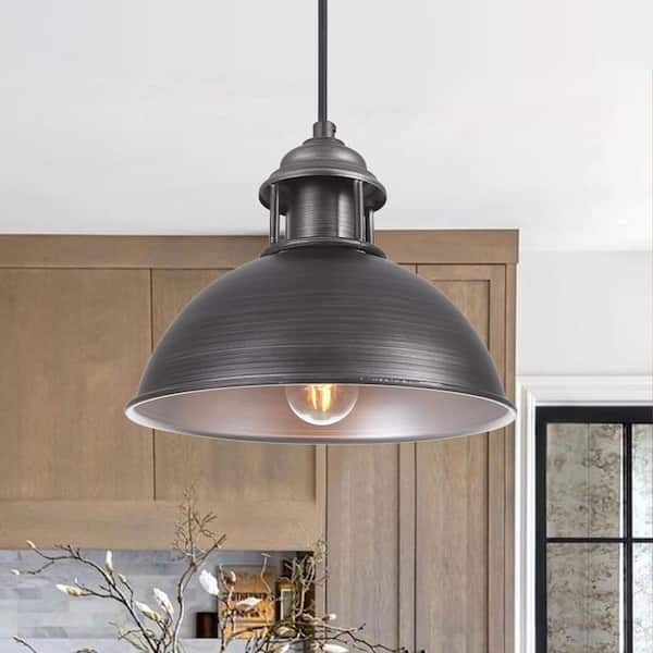 Forge 1-Light Industrial Farmhouse Brushed Gray Barn Pendant Light with Metal Dome Shade Kitchen Island Bar