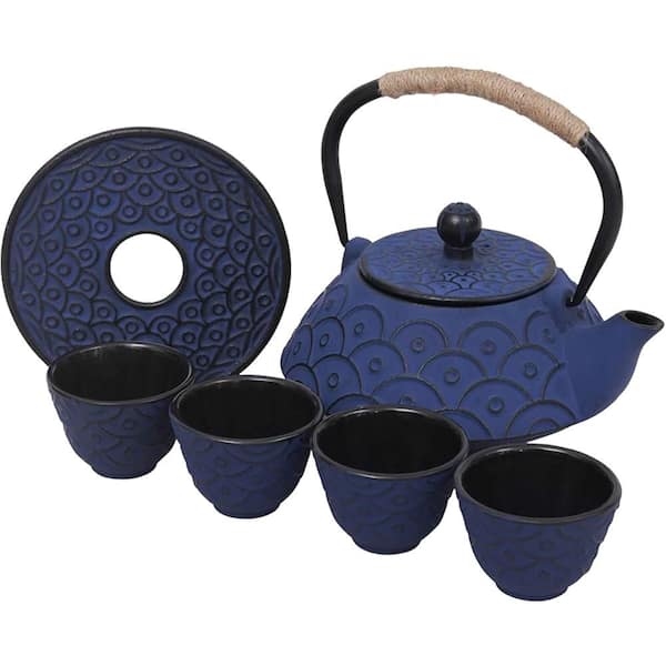 Cast Iron Teapot Set with 4 Tea Cups, Enamel Interior, Infuser, Hemp Rope Trivet, Asian Style Blue Fish