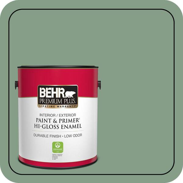 BEHR PREMIUM PLUS 1 gal. #S410-5 Track Green Hi-Gloss Enamel Interior/Exterior Paint & Primer