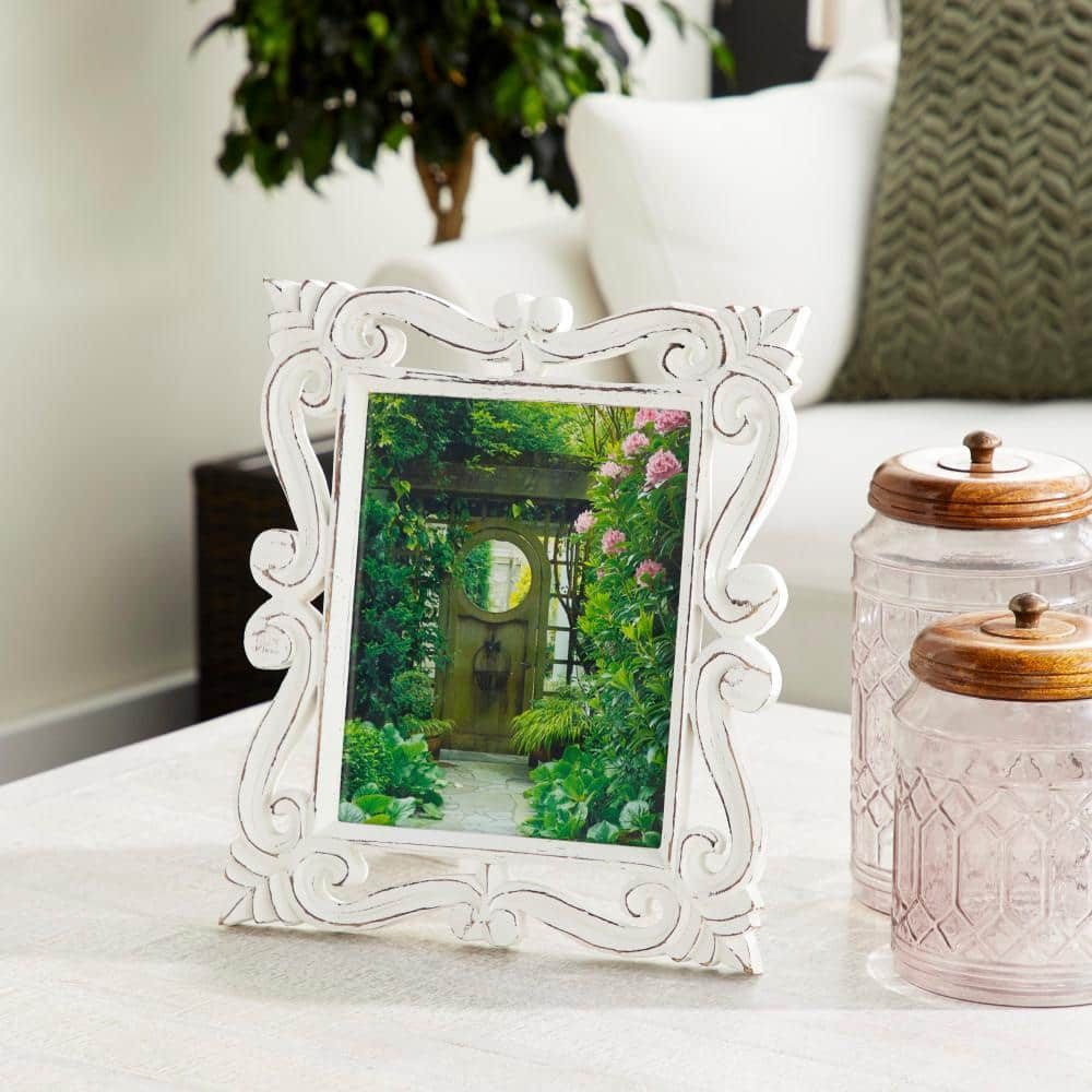 DecMode 8  x 10  Handmade Intricate Carved White Scroll Photo Frame. 