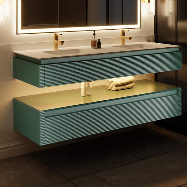 ES-DIY MarbleLux 60 in. W x 20.8 in. D x 21.2 in. H Wall Mounted 2-Tier Bath Vanity with 2-Sinks in Green w/ White Marble Top
