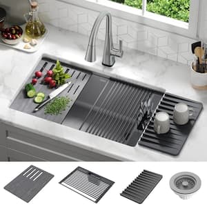 Everest Dark Grey Granite Composite 30 in. Single Bowl Undermount Workstation Kitchen Sink with Accessories