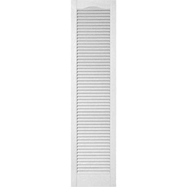 Ekena Millwork 14-1/2 in. x 49 in. Lifetime Vinyl Custom Cathedral Top All Open Louvered Shutters Pair Paintable