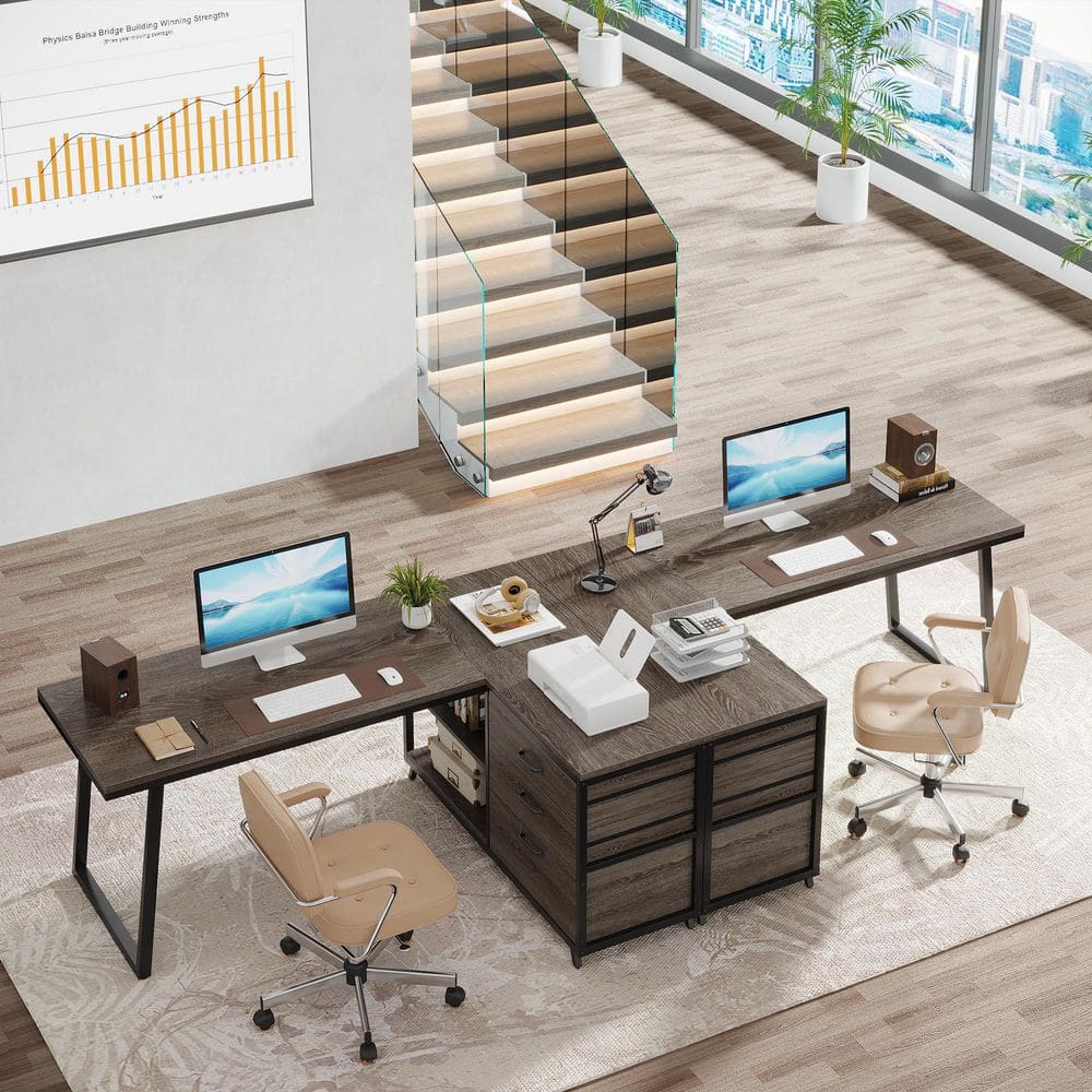 Capen 53.15 in. L-Shaped Gray Engineered Wood 3-Drawer Executive Desk Computer Desk with Open Storage Shelf for Office